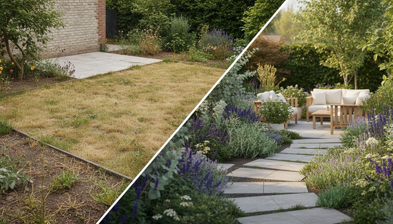 Vorher-Nachher Hinterhof mit KI gestaltet – FlorAI KI Gartendesign aus Foto